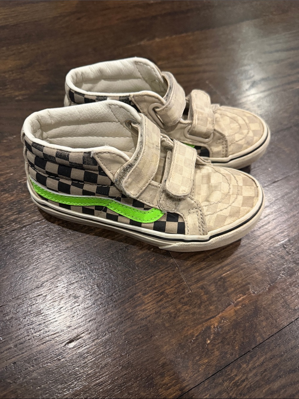 Vans Kids High-Top Checkerboard Sneakers with Neon Green Accent- size 13